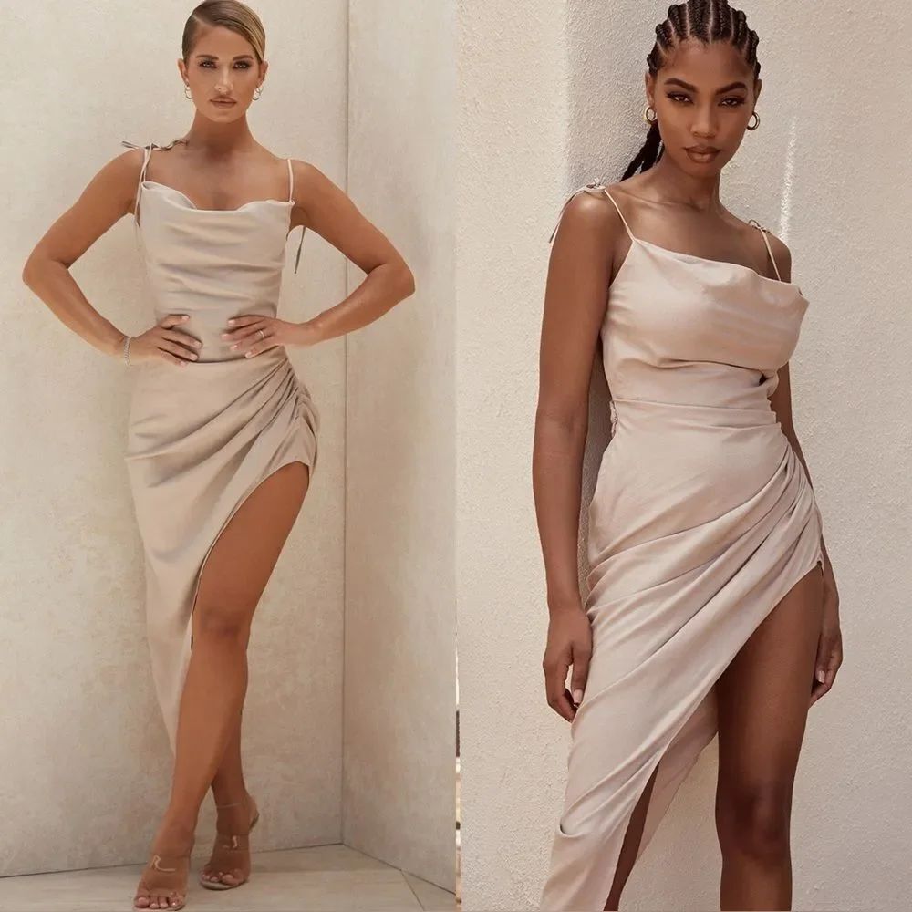 House of CB Soluna Midi Sand Dress Thigh Split Draped Size XS